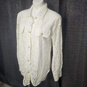 Voy Shirt Semi-Sheer Lace Button-Up Blouse Top‎ Off-White Ivory Small NWT
